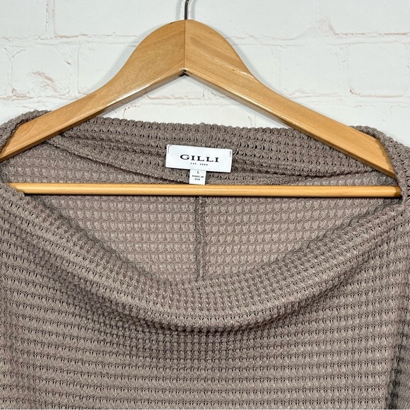 Gilli Waffle Knit Top Womens Size Large Brown Tie Front Short Sleeve Boat Neck - Picture 4 of 11